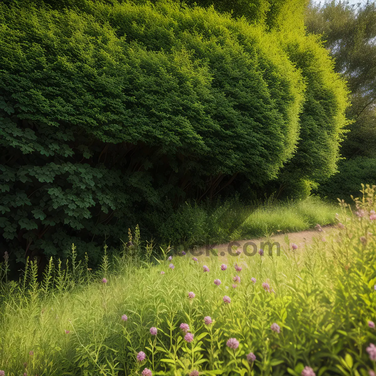 Picture of Serene Summer Willow: Vast Green Meadow Surrounded by Nature's Beauty