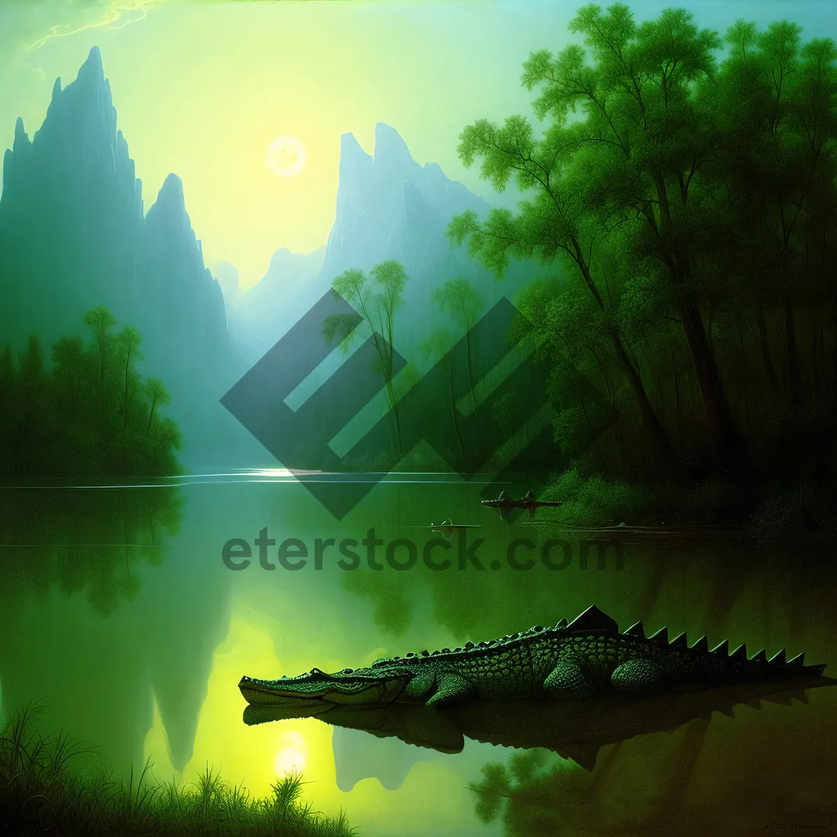 Picture of Summer sunset over tranquil lake with mountain backdrop