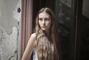 Fashion model with attractive black hair and makeup