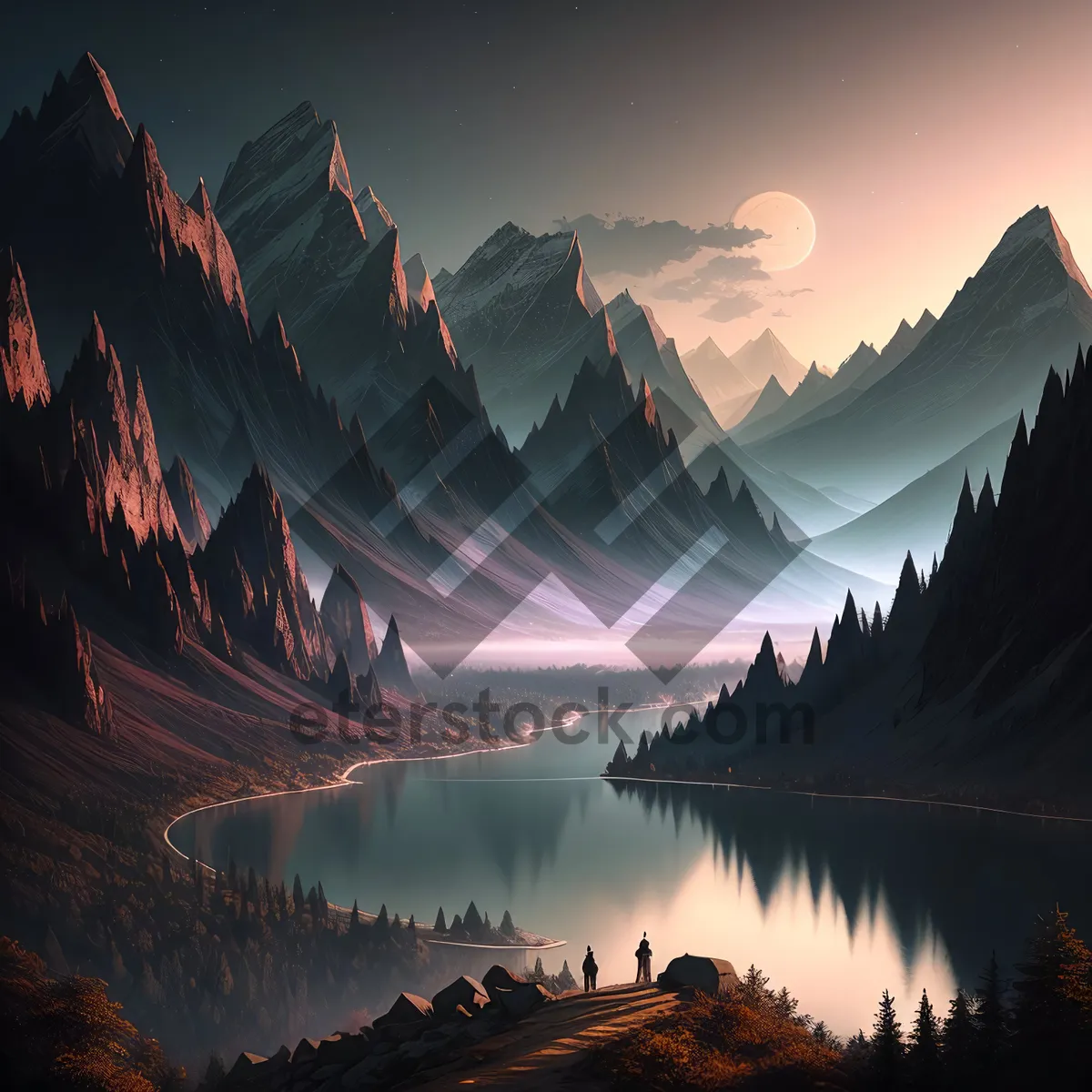 Picture of Majestic Mountain Valley with Starlit Sky