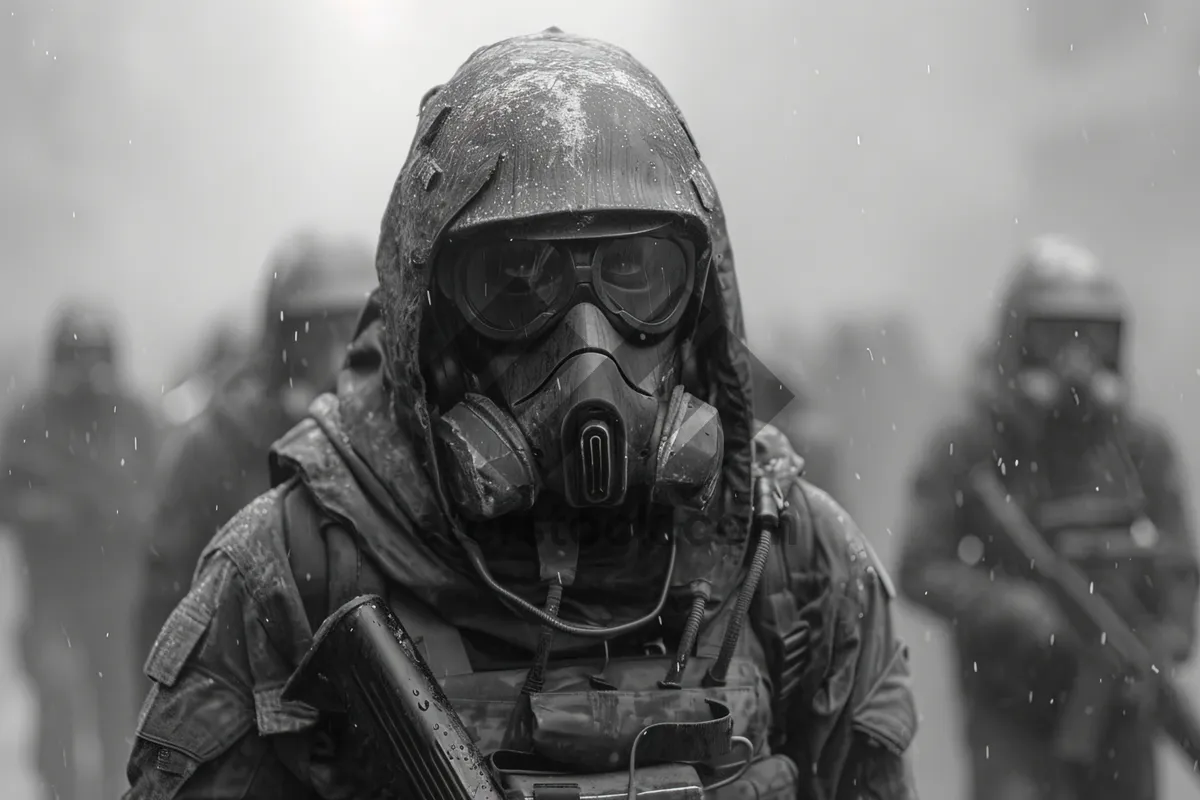 Picture of Man in gas mask with gun in camouflage uniform