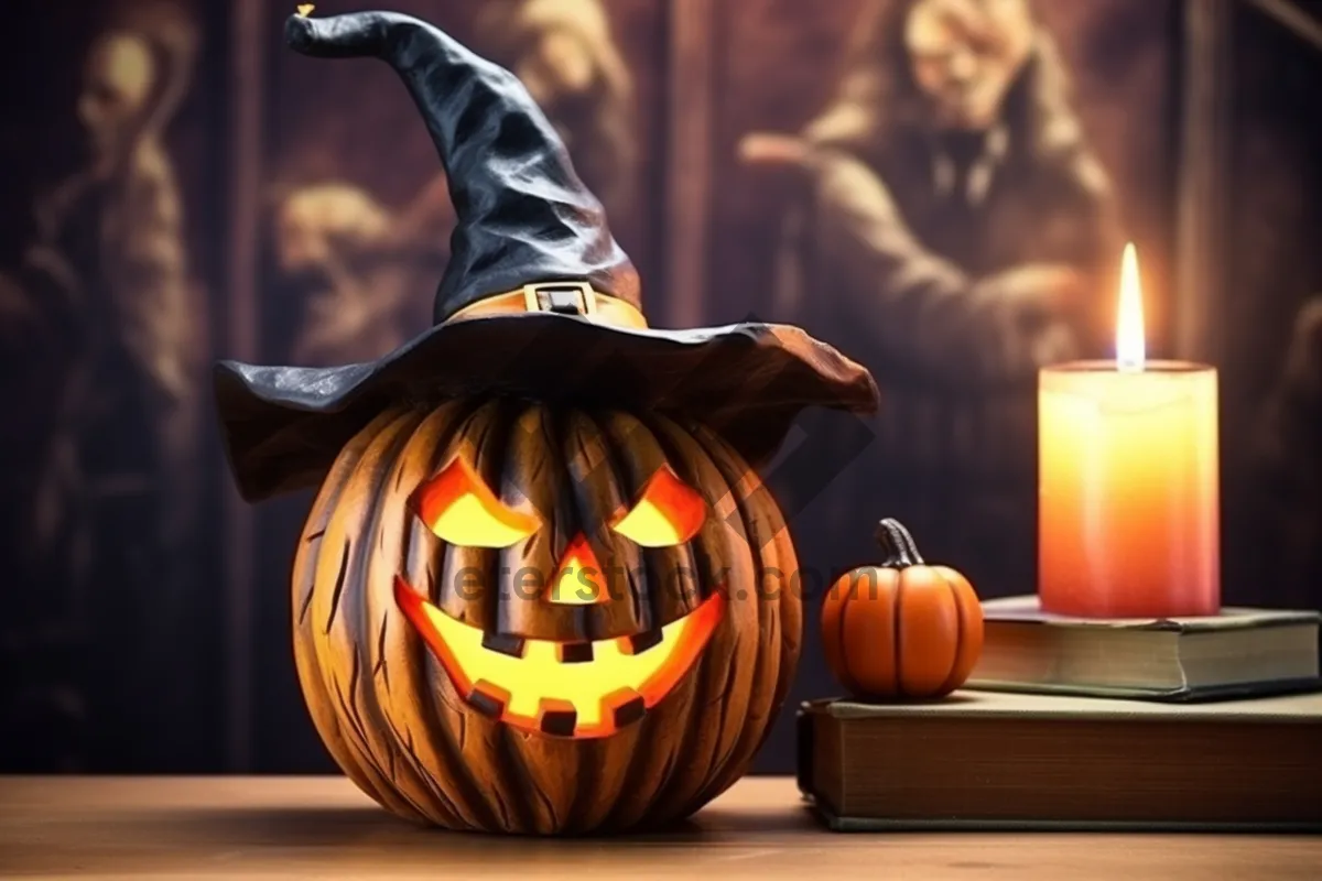 Picture of Spooky Halloween Jack-o'-lantern decoration with candle