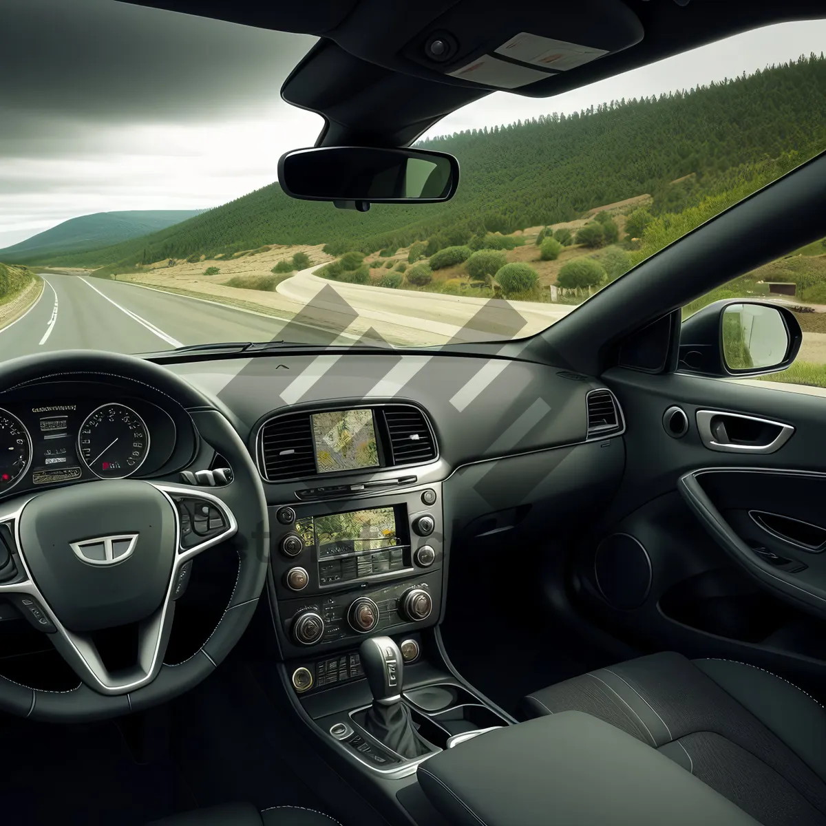 Picture of Modern Car Interior with Steering Wheel and Dashboard Controls