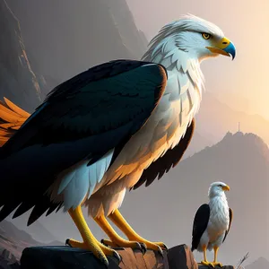 Majestic Hunter: A striking portrait of a fierce bird of prey with piercing eyes and bold yellow feathers.