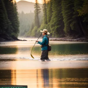 Fisherman Paddling on Tranquil River at Sunset