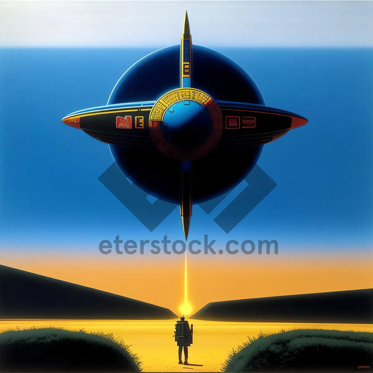 Picture of Sunset Warplane in Sky with Propeller