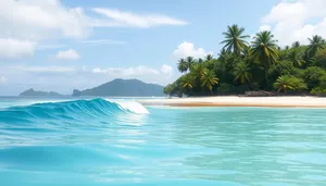 Sunset beach paradise with palm trees and waves