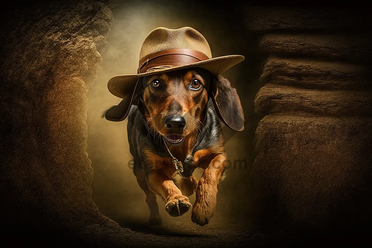 Picture of Cute puppy with hat - watchdog breed portrait.