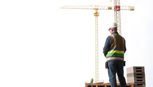 Industrial worker using crane on construction site.