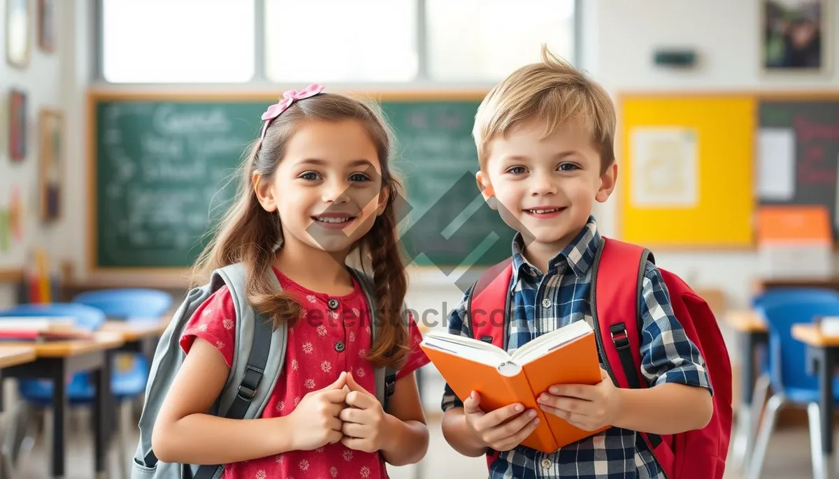 Picture of Happy school children smiling together in classroom portrait.