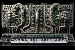 Ancient religious sculpture depicting keyboard instrument and piano.