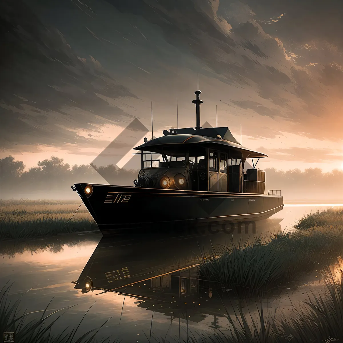 Picture of Coastal Fishing Vessel in Tranquil Harbor