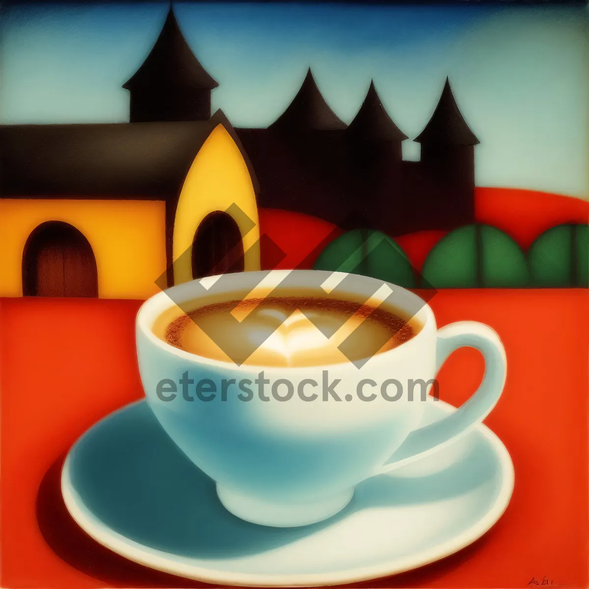 Picture of Hot Morning Coffee in Black Mug with Saucer