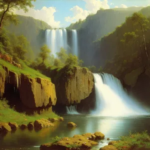 Majestic Mountain Waterfall Surrounded by Lush Forest
