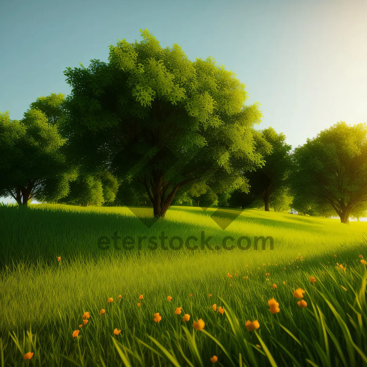 Picture of Colorful Dandelion Meadow Under Clear Summer Sky