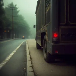 Fast-moving shuttle bus on city highway