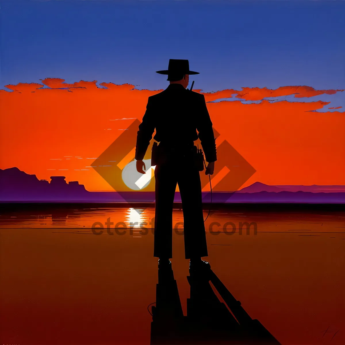 Picture of Sunset Serenity on Beach: Silhouette of Man Amidst Celestial Beauty