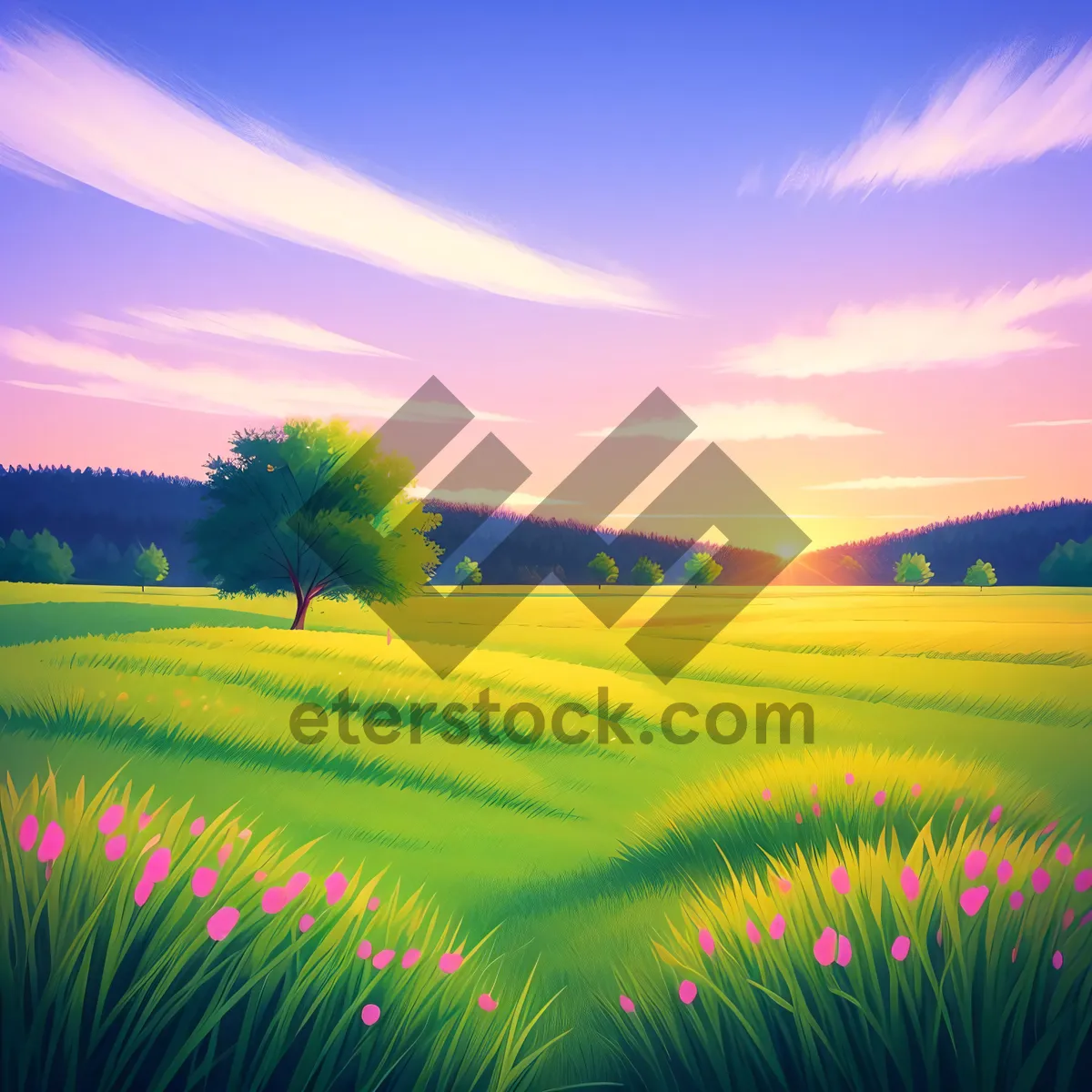 Picture of Idyllic Rural Sunrise Over Vast Meadow and Rolling Hills