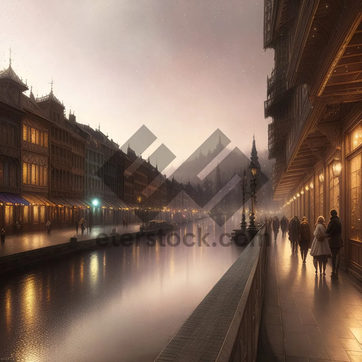 Picture of Nighttime Cityscape with Historic Bridge and Canal