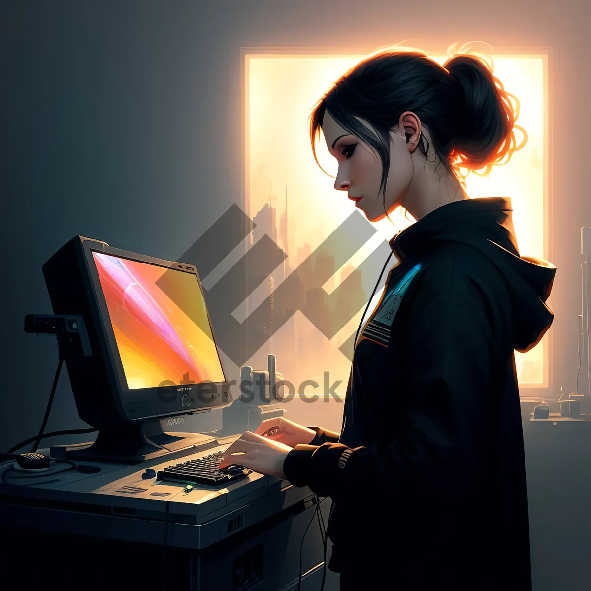 Picture of Smiling Businesswoman Working on Laptop at Office Desk