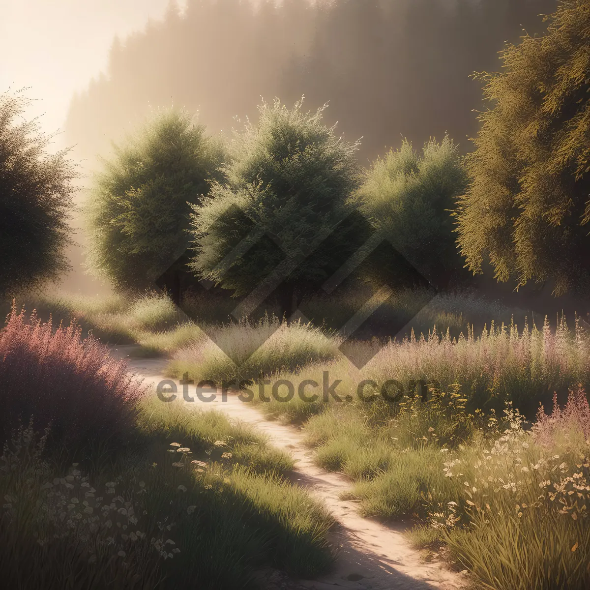 Picture of Sunlit Country Field with Majestic Trees
