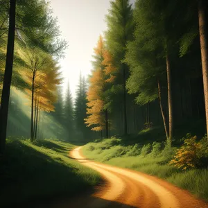 Sunlit Forest Path through Autumn Foliage