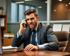 Happy businessman working on laptop in office.