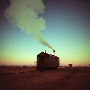 Sunset Skyline in Summer Landscape with Flamethrower and Harvester