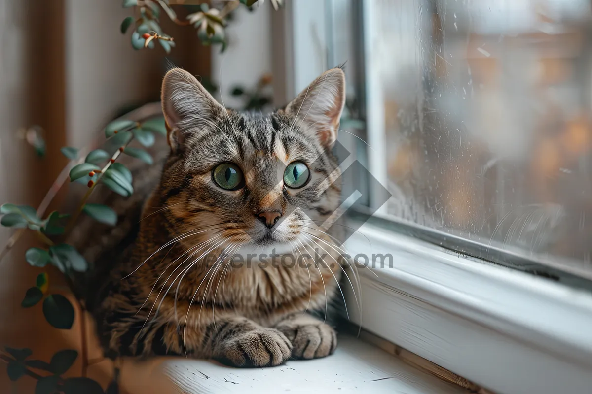 Picture of Adorable furry tabby cat perched on windowsill.