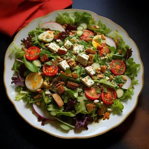 Healthy vegetable salad with fresh ingredients and spicy sauce.