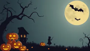 Silhouetted moon over spooky Halloween graveyard scene.