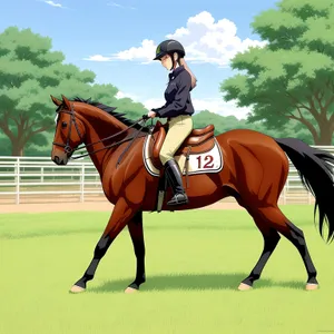 Majestic stallion with polo mallet in farm field