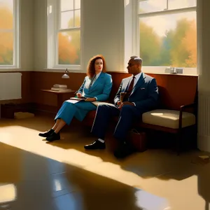 Corporate team discussion in modern office setting.