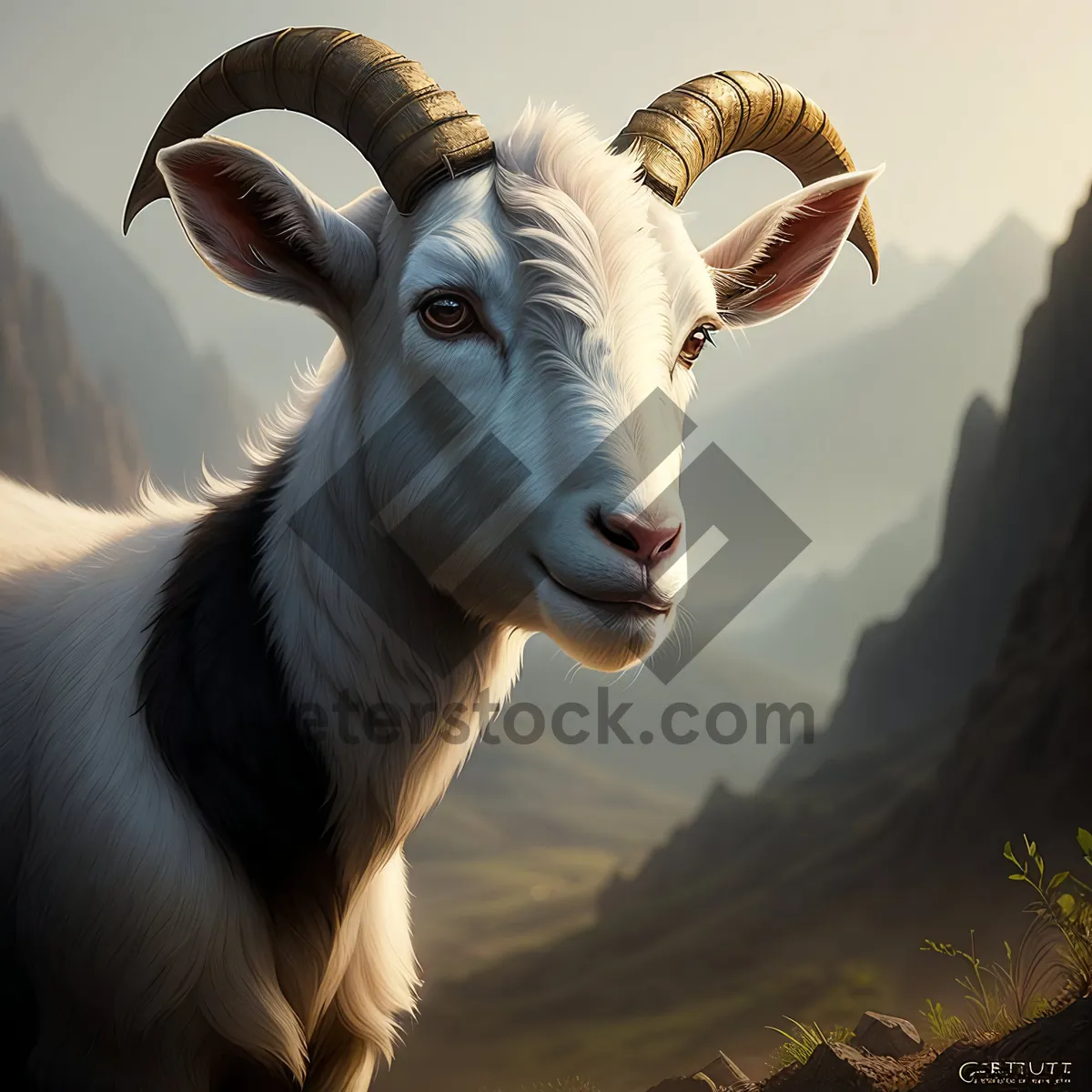 Picture of Wild Bighorn Ram Grazing on Mountain Grass