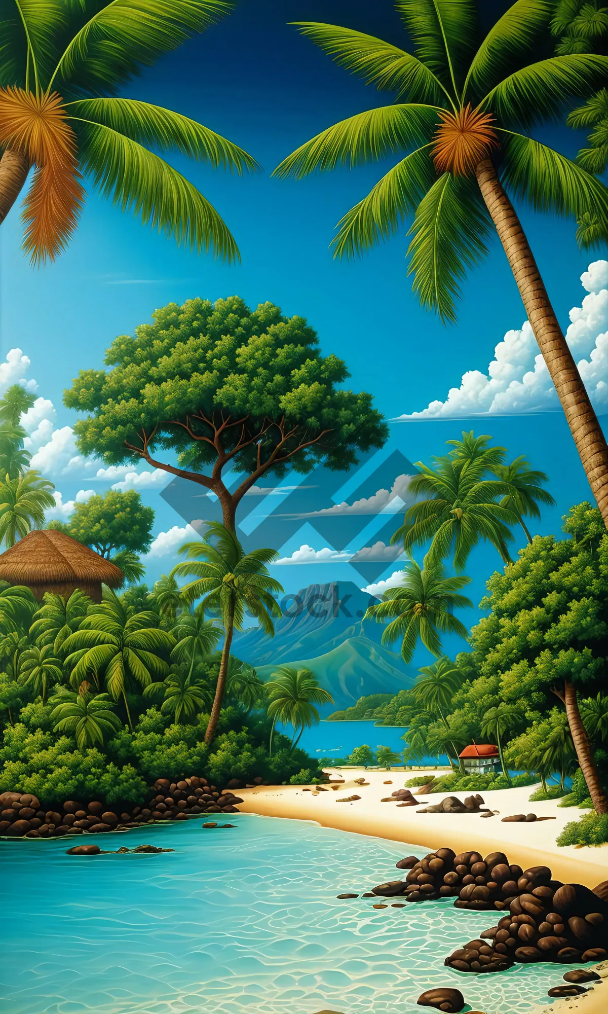 Picture of Tropical paradise beach with umbrella trees and turquoise water.