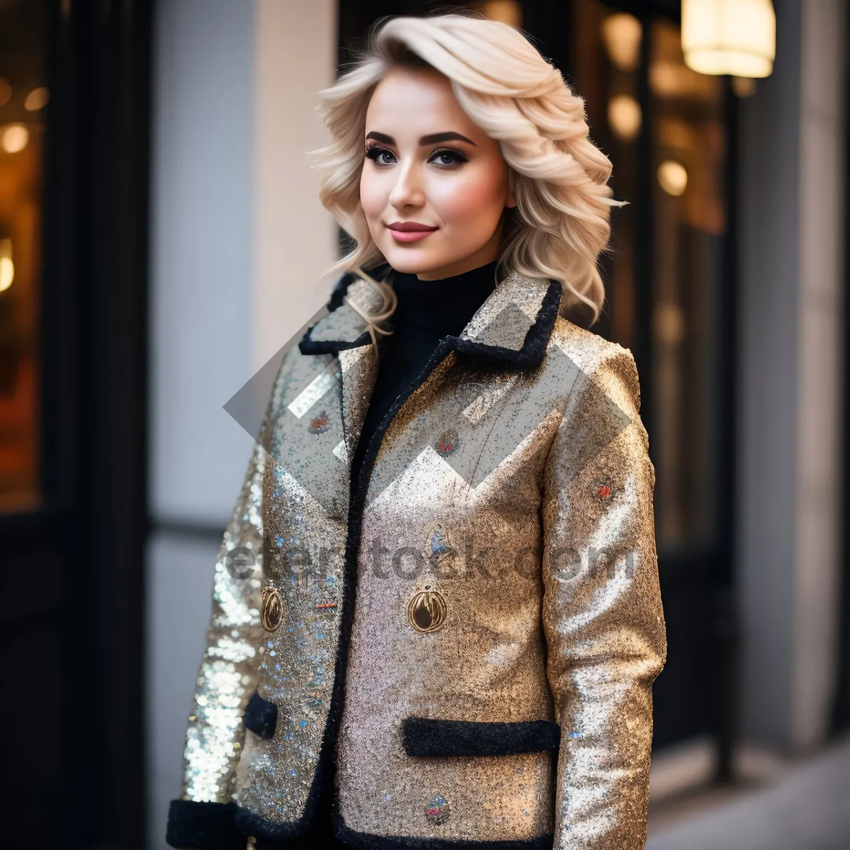 Picture of Smiling fashion model in stylish jacket pose