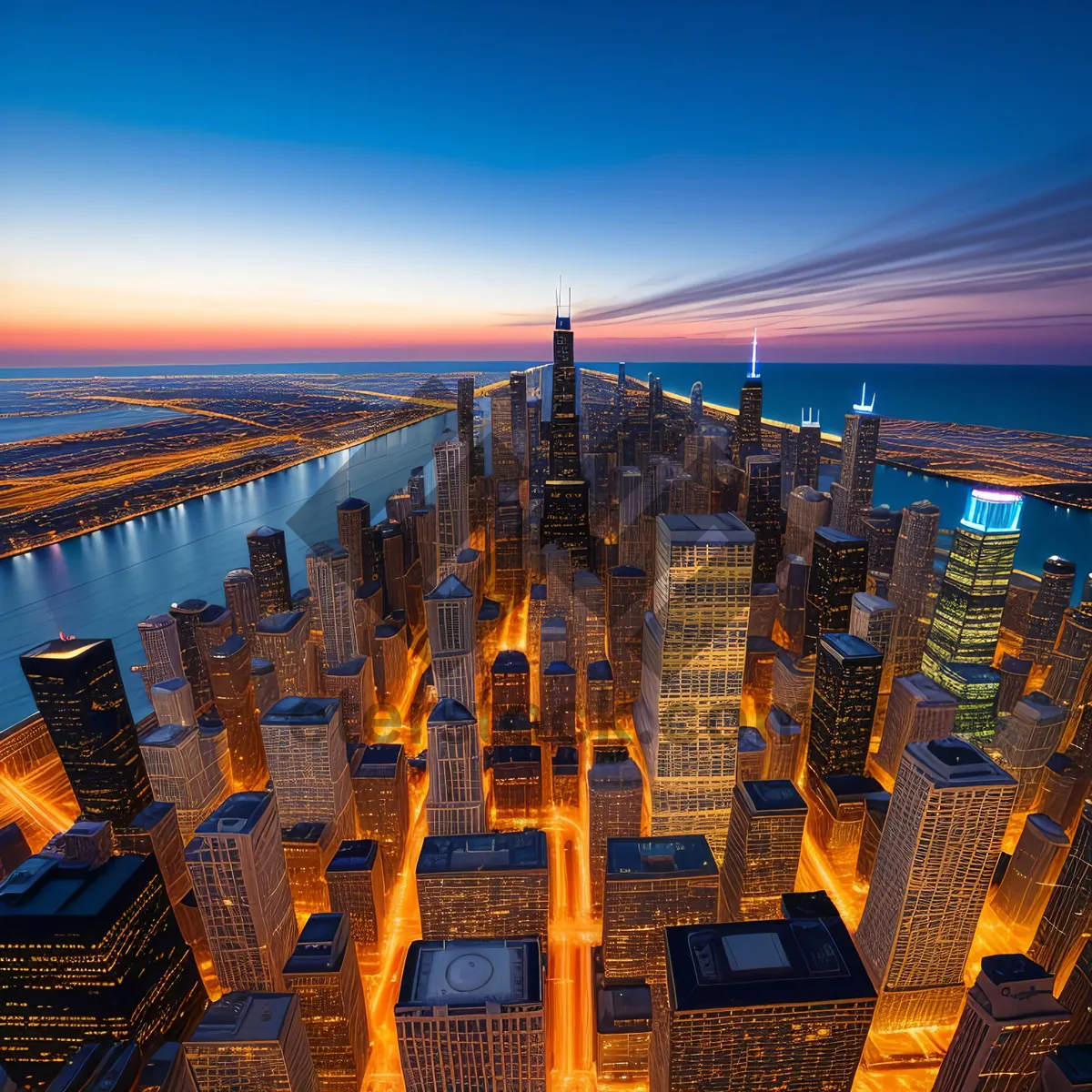 Picture of Modern skyline view of a vibrant metropolis at sunset.