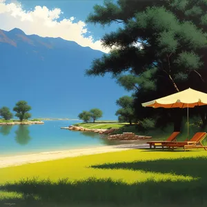 Serene lakeside scenery with tree canopy and blue sky.