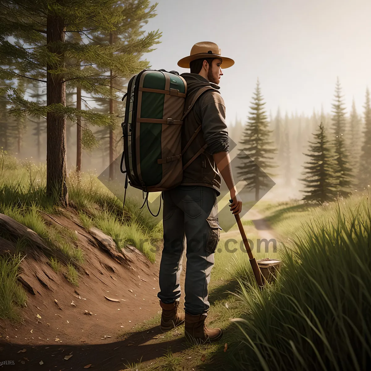 Picture of Outdoor sporty farmer hiking in summer grass