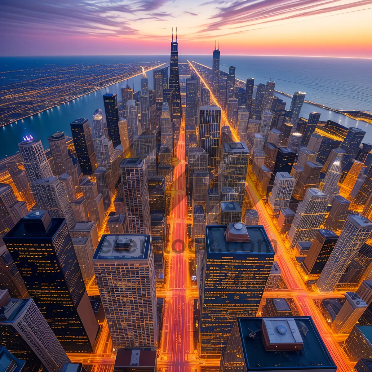 Picture of Stunning city skyline at sunset with modern skyscrapers.