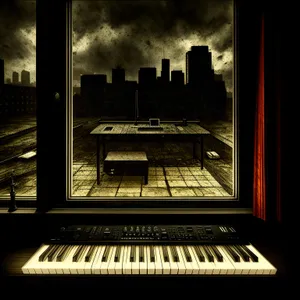 Black Upright Piano with Keyboard Instrument and Synthesizer