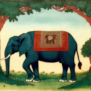 Elephant in colorful saddle blanket and stable gear.