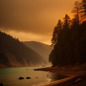 Serenity at Sunset: Majestic Mountains Reflecting on Lake