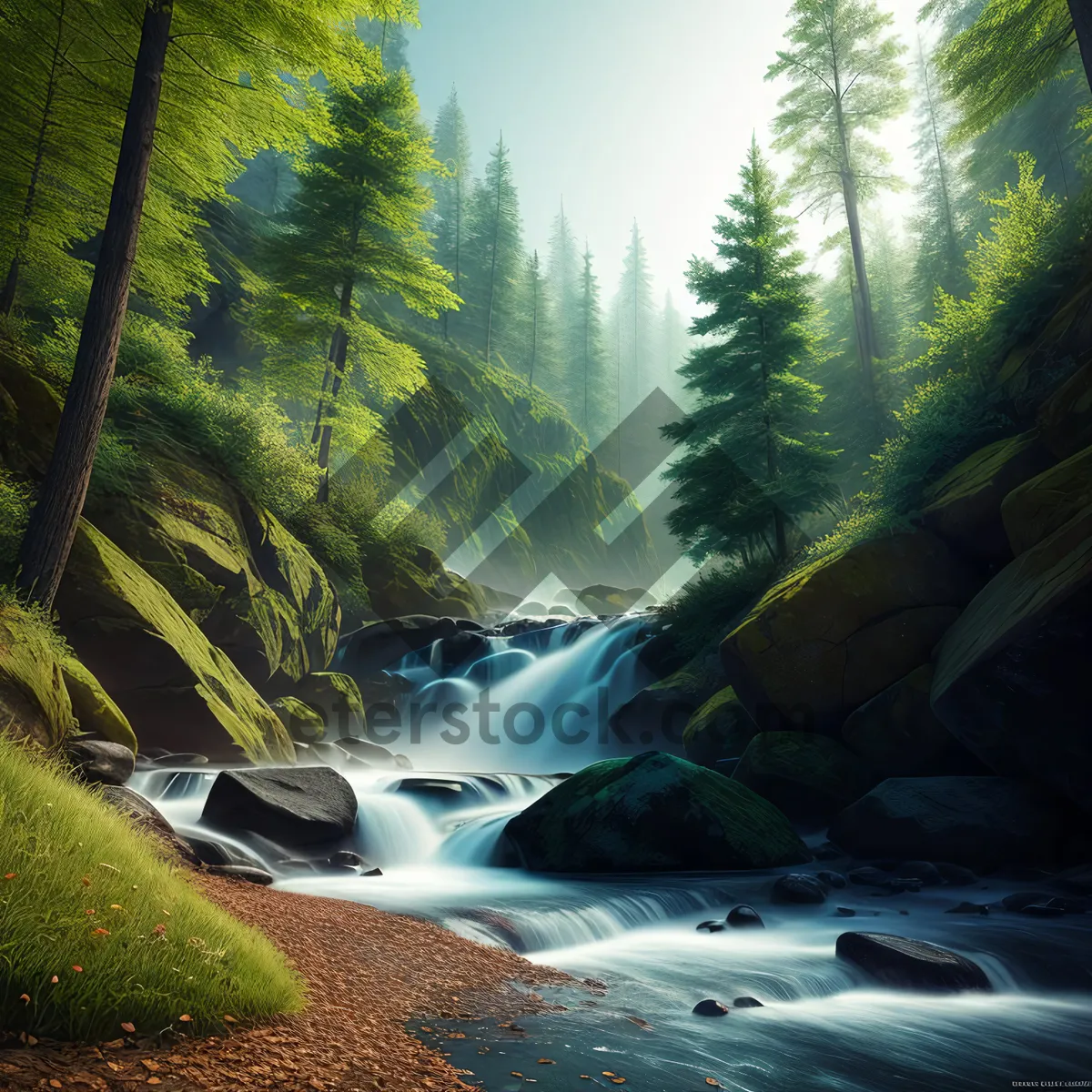 Picture of Serenity Falls: Majestic Mountain Stream Cascading Through Forest