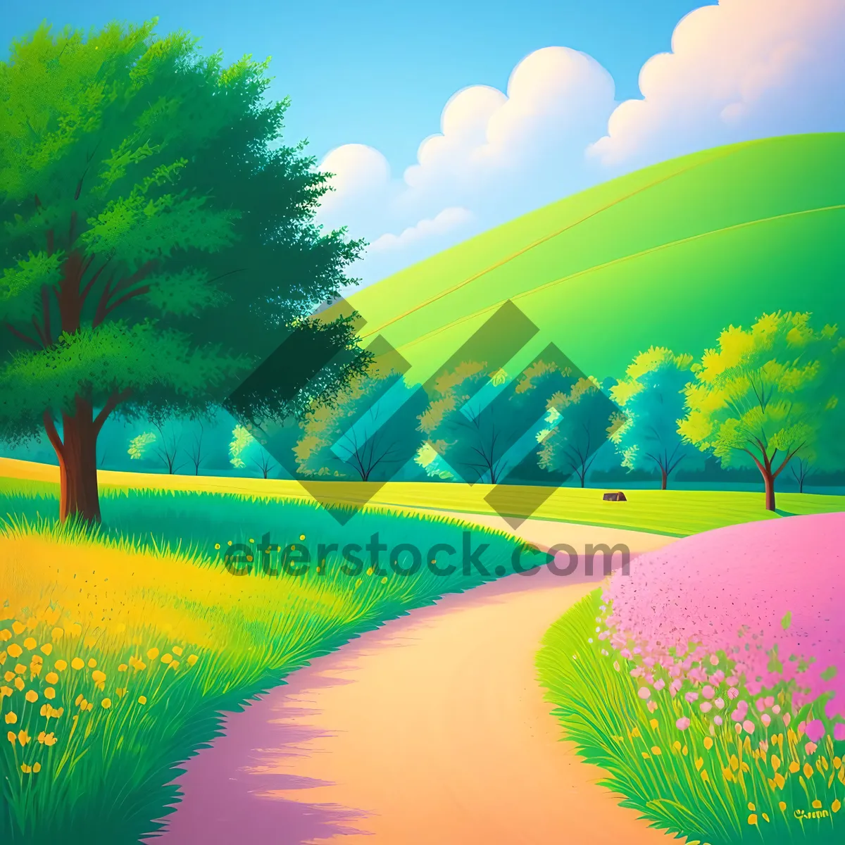 Picture of Vibrant Sunrise Over Meadow: Colorful Landscape with Tree