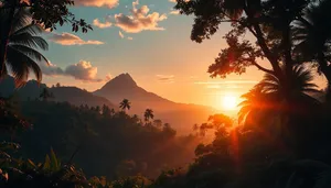 Mountain silhouette at sunset with orange sky and stars.