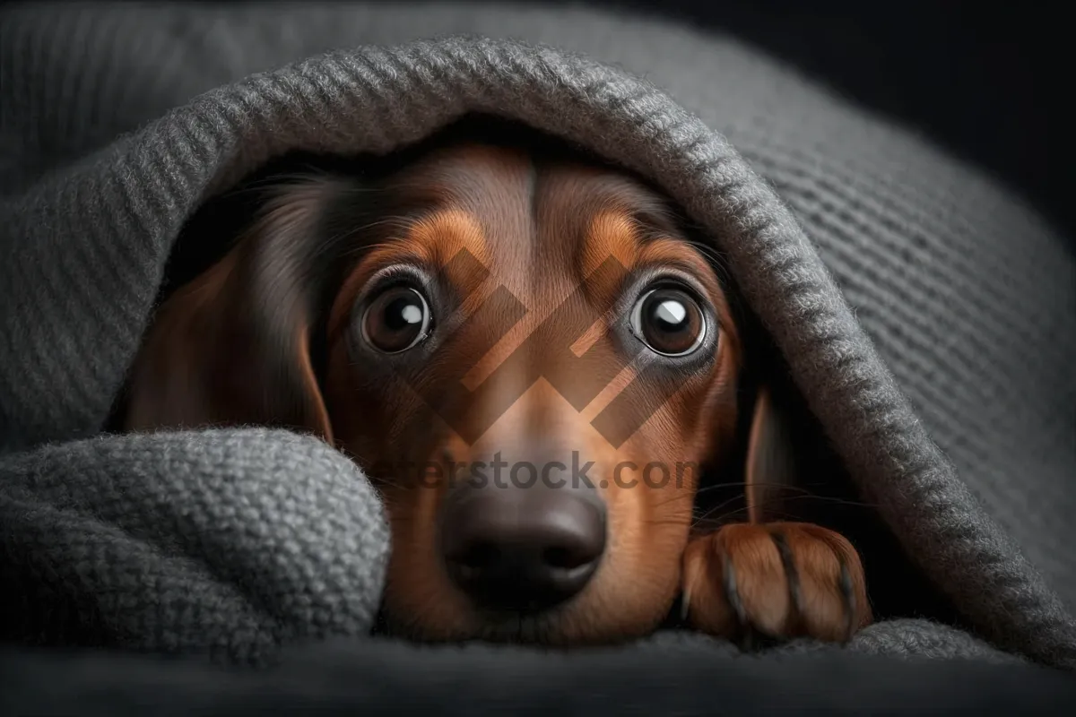 Picture of Cute brown puppy wrapped in bath towel pose portrait.