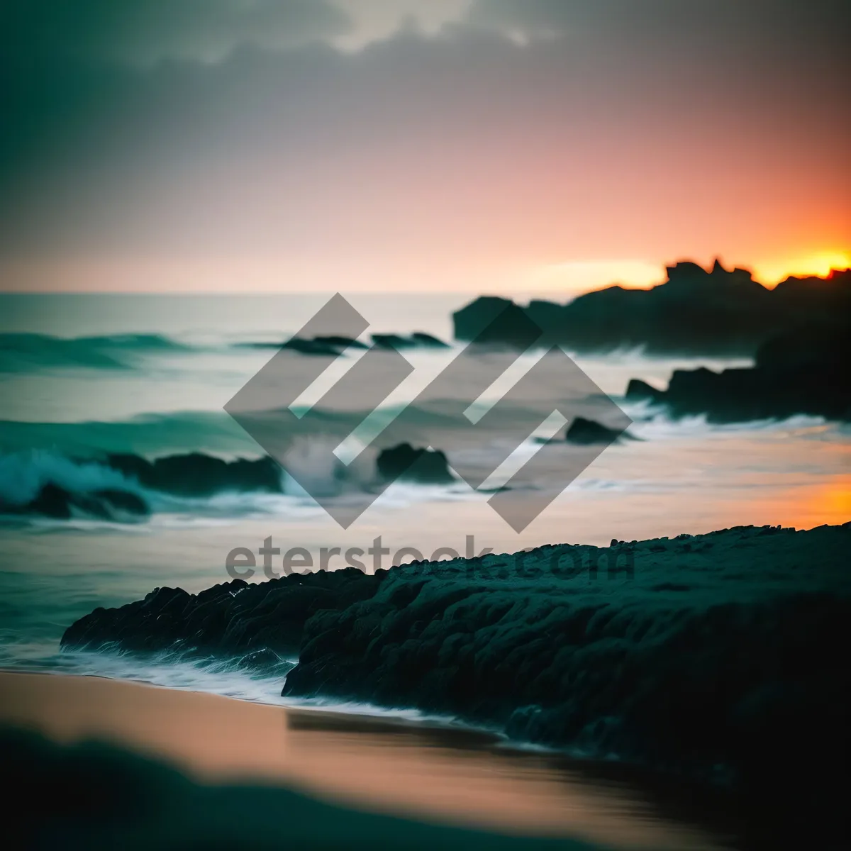 Picture of Serene Sunset on Beach, Reflecting Beautifully on Water