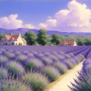 Serene Lavender Fields: Tranquil Countryside Landscape with Purple Blooms