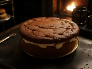 Delicious chocolate cake and cappuccino breakfast treat.